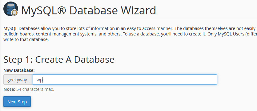 MySQL Database Wizard: Create new database