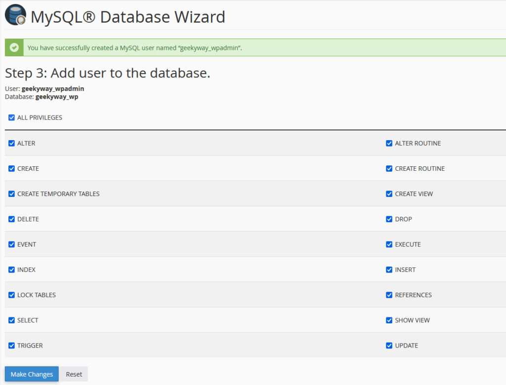 MySQL Database Wizard: Set privileges