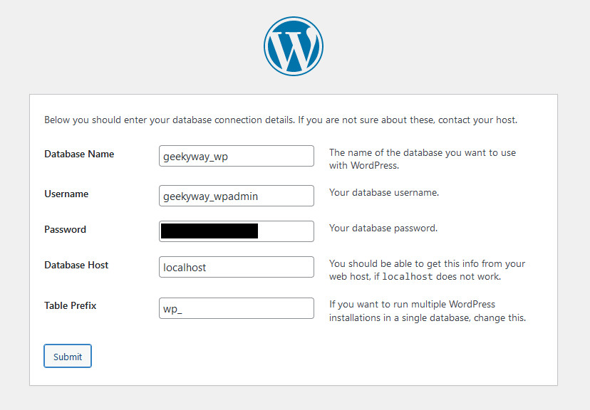 WordPress Setup: Database details