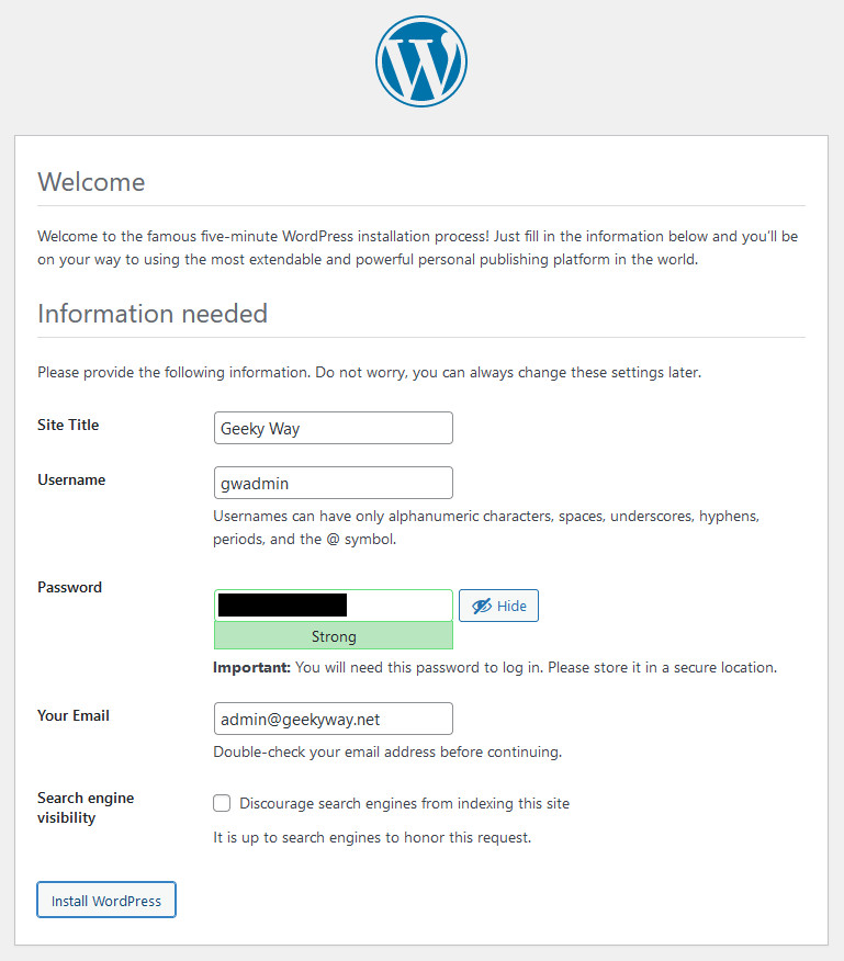 WordPress Setup: Site details